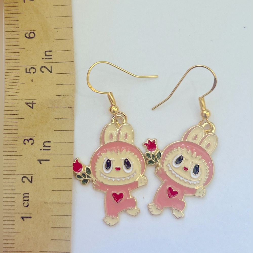Labubu the Monsters Enamel Fishhook Earrings- Gold Tone, hypoallergenic